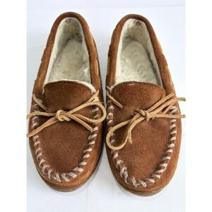 Minnetonka Brown Suede Shearling Lined Moccasins Leather Laces Women's 6